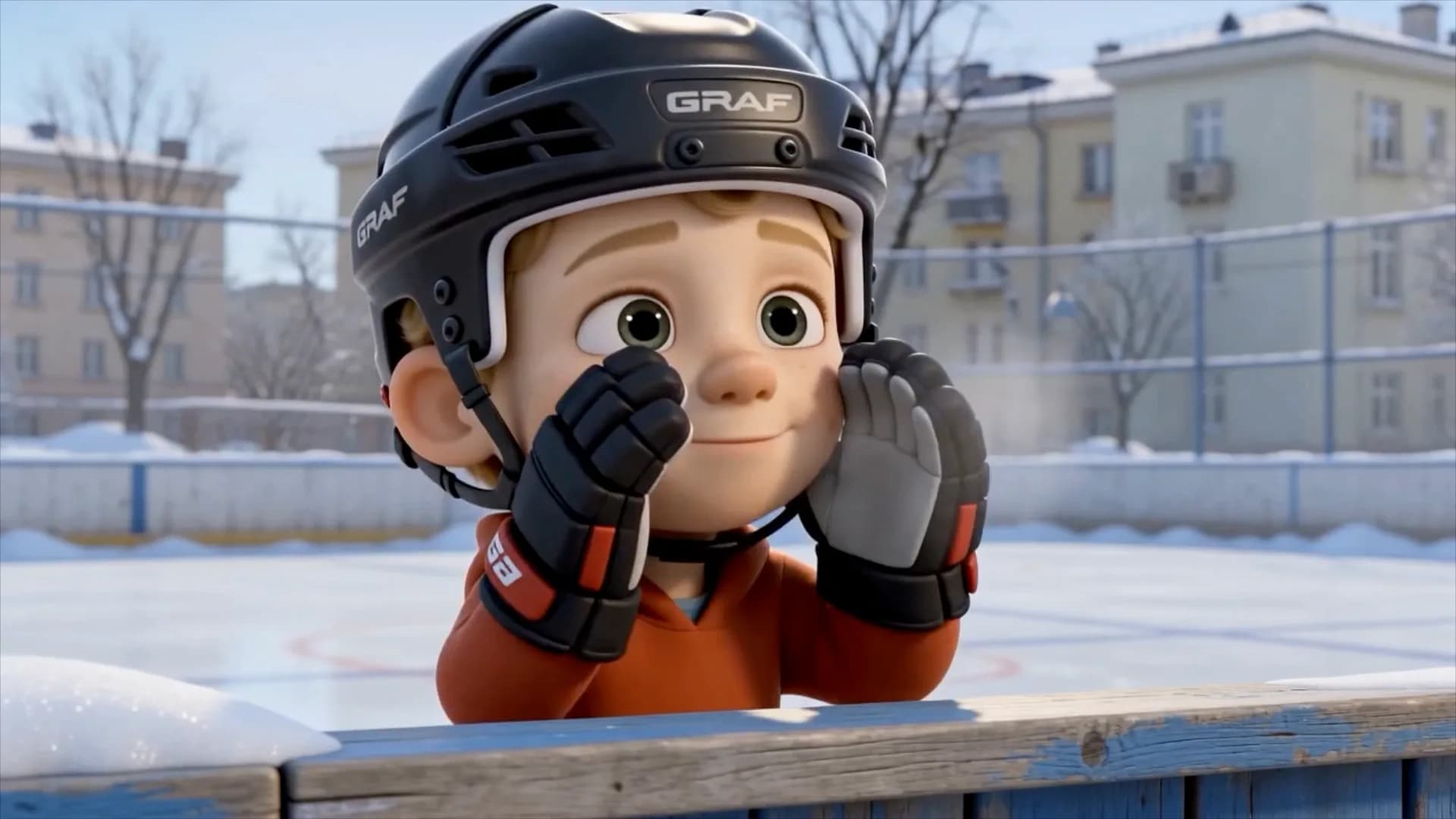 A boy in a hockey helmet at the boards of a backyard rink