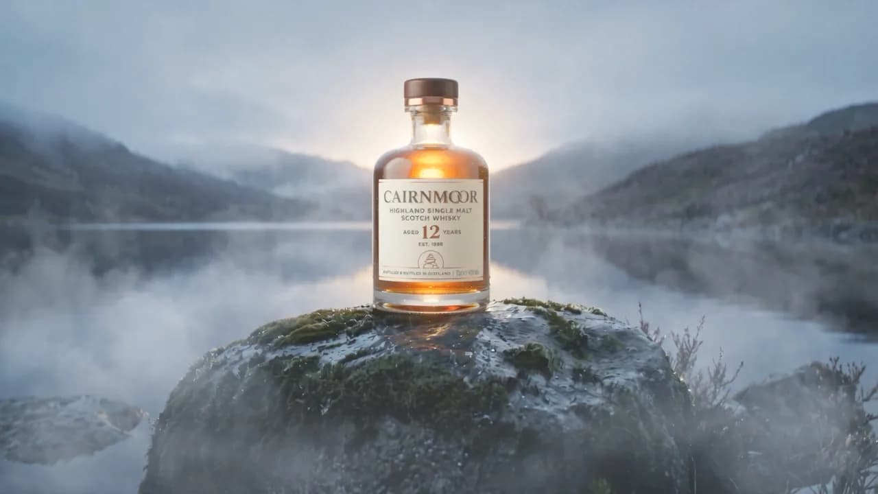 A CAIRNMOOR bottle on wet stone in the mist of the Scottish Highlands
