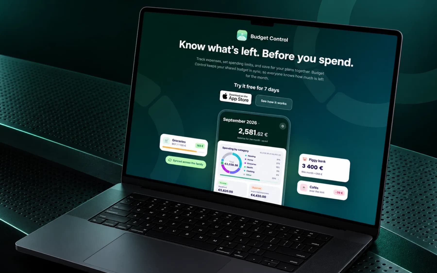 The budget-control.app landing page on a laptop screen