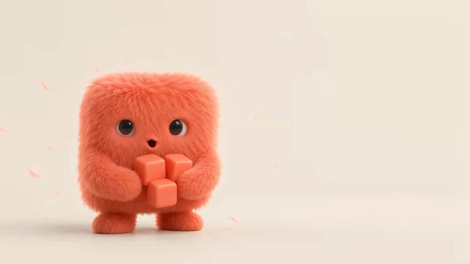 Pixel, a fluffy coral mascot, holding three cubes